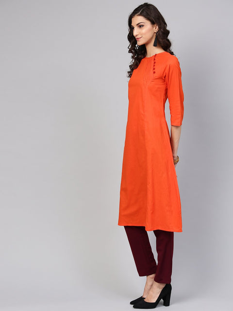 Solid Orange Kurta with Side Placket & 3/4th sleeve