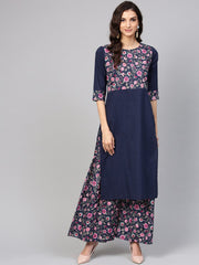 Navy Blue Floral Printed Kurta set with ankle length printed Sharara