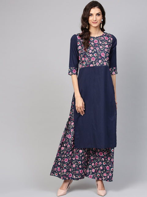 Navy Blue Floral Printed Kurta set with ankle length printed Sharara