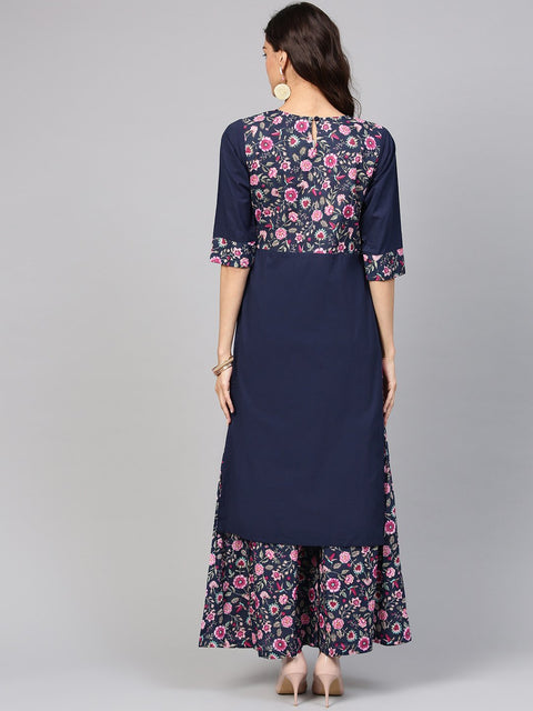 Navy Blue Floral Printed Kurta set with ankle length printed Sharara