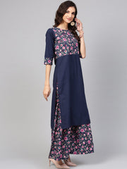 Navy Blue Floral Printed Kurta set with ankle length printed Sharara