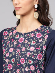 Navy Blue Floral Printed Kurta set with ankle length printed Sharara
