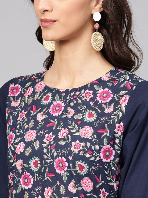 Navy Blue Floral Printed Kurta set with ankle length printed Sharara