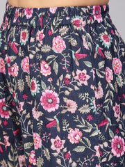 Navy Blue Floral Printed Kurta set with ankle length printed Sharara