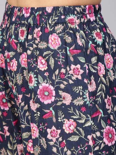 Navy Blue Floral Printed Kurta set with ankle length printed Sharara