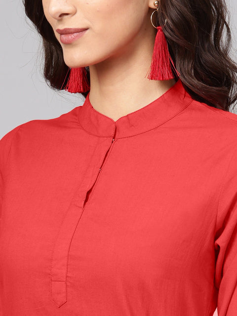 Solid Red Kurta With Detailed Printed sleeves & Pants