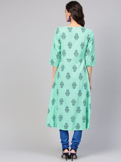 Sea Green Printed Kurta Set  with Solid Chudidar