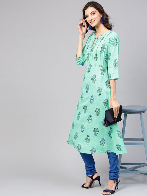 Sea Green Printed Kurta Set  with Solid Chudidar