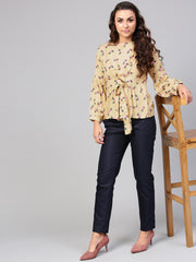 Beige Multi Colored Printed Knot style Top with Round neck