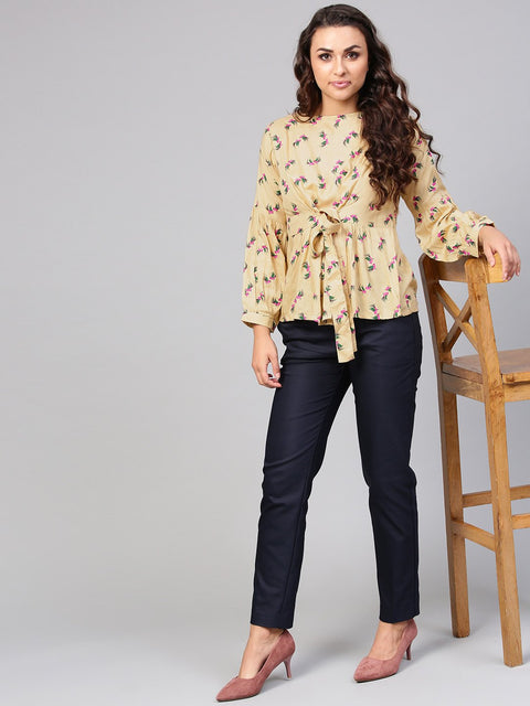 Beige Multi Colored Printed Knot style Top with Round neck