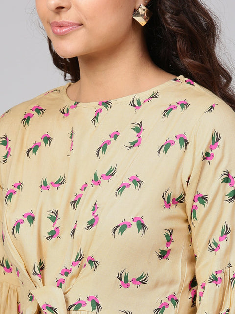 Beige Multi Colored Printed Knot style Top with Round neck