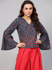 Indigo Blue Geometric Printed top with V neck & Flared sleeves