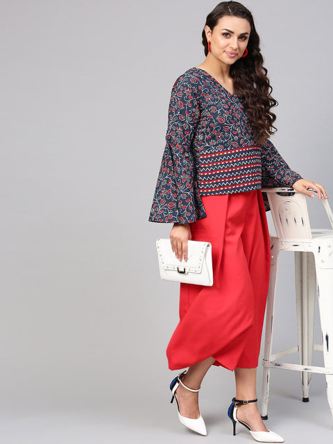 Indigo Blue Geometric Printed top with V neck & Flared sleeves