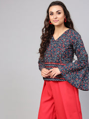 Indigo Blue Geometric Printed top with V neck & Flared sleeves