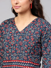 Indigo Blue Geometric Printed top with V neck & Flared sleeves