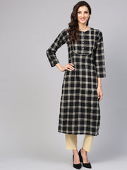 Black & Cream Checked Kurta set with Solid Cream pants