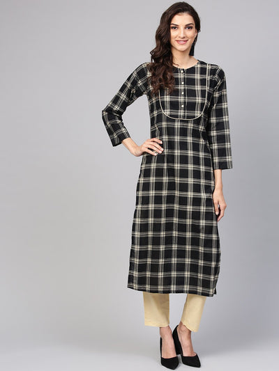 Black & Cream Checked Kurta set with Solid Cream pants