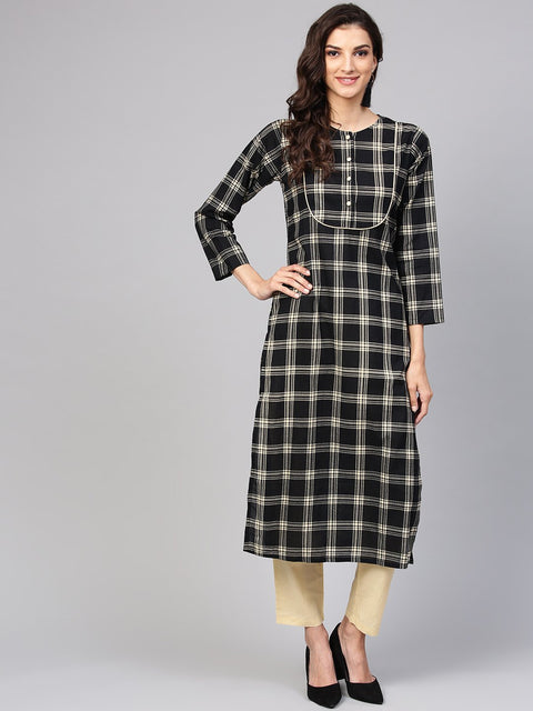 Black & Cream Checked Kurta set with Solid Cream pants