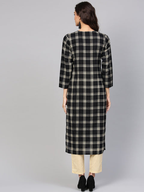 Black & Cream Checked Kurta set with Solid Cream pants