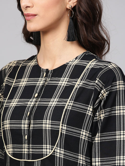 Black & Cream Checked Kurta set with Solid Cream pants