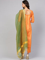 Light  Orange Kurta Set with Pants & green contrasting Dupatta