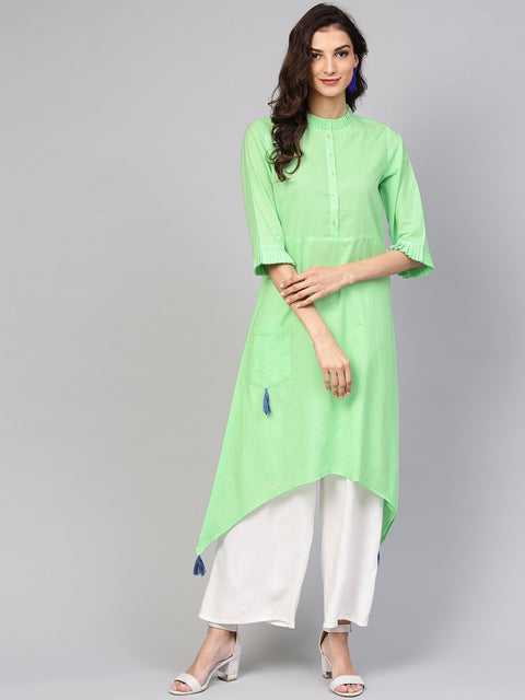 Cotton Pastel Mint green handkerchief kurta with pleated high neck & 3/4 sleeves