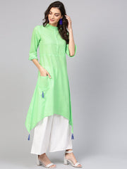 Cotton Pastel Mint green handkerchief kurta with pleated high neck & 3/4 sleeves