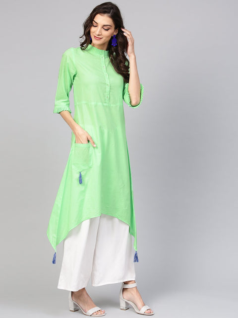 Cotton Pastel Mint green handkerchief kurta with pleated high neck & 3/4 sleeves