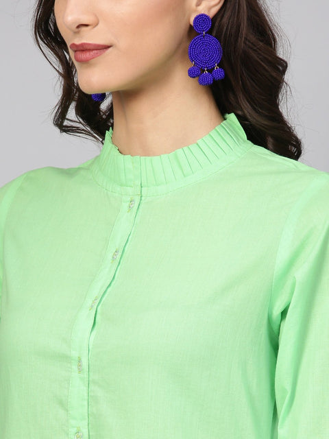 Cotton Pastel Mint green handkerchief kurta with pleated high neck & 3/4 sleeves