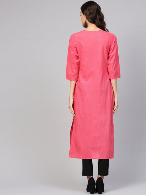 Cotton Pink Even Pleated yoke with Keyhole neckline & 3/4 sleeves