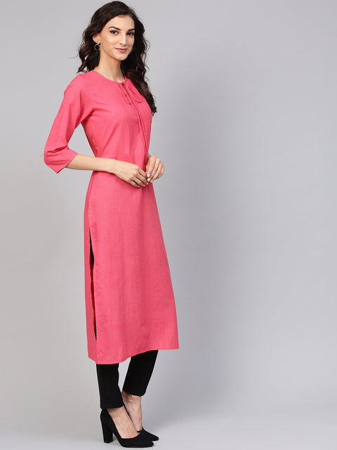 Cotton Pink Even Pleated yoke with Keyhole neckline & 3/4 sleeves