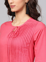 Cotton Pink Even Pleated yoke with Keyhole neckline & 3/4 sleeves