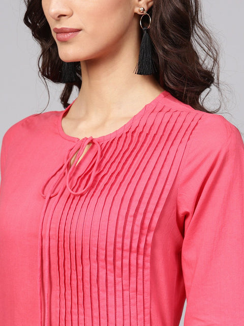 Cotton Pink Even Pleated yoke with Keyhole neckline & 3/4 sleeves