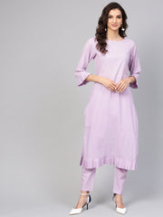 Lavender cotton Kurta set with detailed 3/4 sleeves