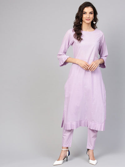 Lavender cotton Kurta set with detailed 3/4 sleeves