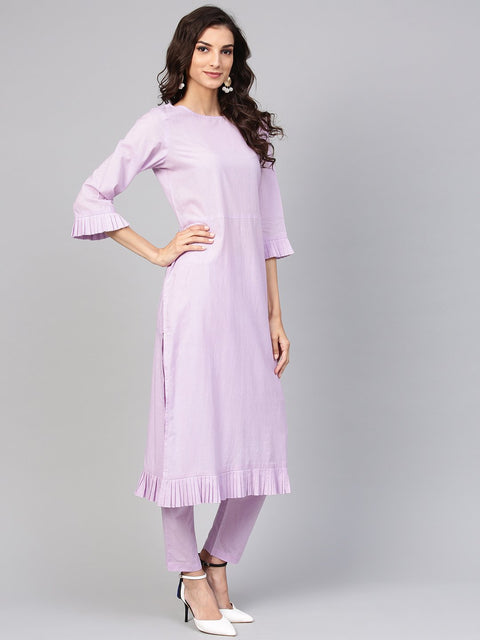 Lavender cotton Kurta set with detailed 3/4 sleeves