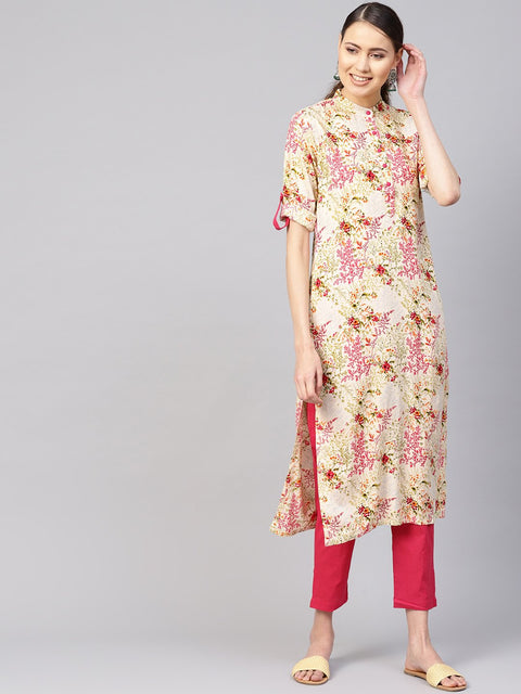 Women Cream-Coloured & Pink Printed Kurta with Trousers