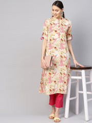 Women Cream-Coloured & Pink Printed Kurta with Trousers