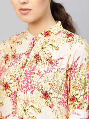 Women Cream-Coloured & Pink Printed Kurta with Trousers