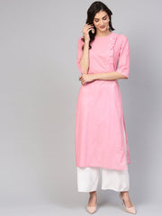 Baby Pink Round neck cotton Kurta with Side yoke & 3/4 sleeves