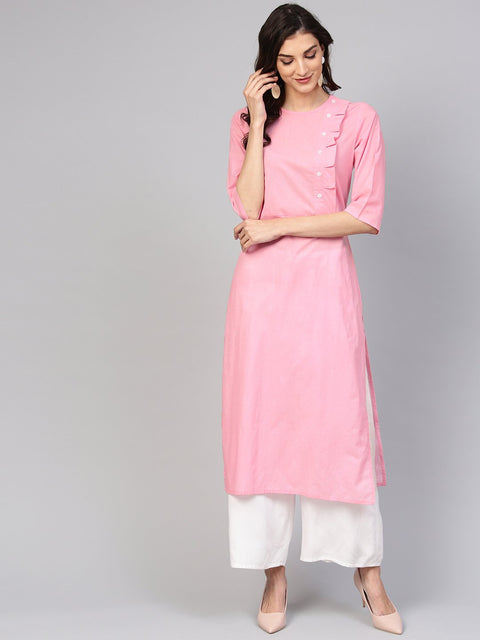 Baby Pink Round neck cotton Kurta with Side yoke & 3/4 sleeves