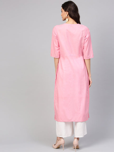 Baby Pink Round neck cotton Kurta with Side yoke & 3/4 sleeves