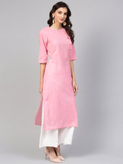 Baby Pink Round neck cotton Kurta with Side yoke & 3/4 sleeves