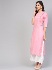 Baby Pink Round neck cotton Kurta with Side yoke & 3/4 sleeves