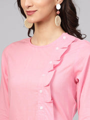 Baby Pink Round neck cotton Kurta with Side yoke & 3/4 sleeves