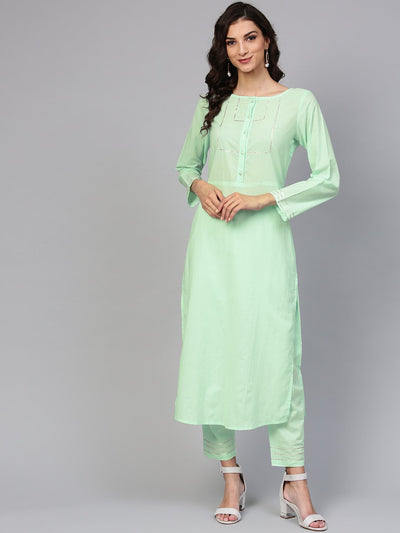 Cotton Round neck Pastel Mint green straight kurta with front placket & 3/4 sleeves