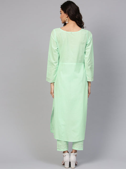 Cotton Round neck Pastel Mint green straight kurta with front placket & 3/4 sleeves