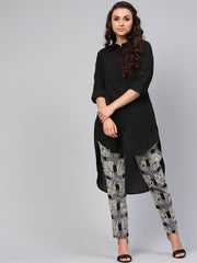 Solid Black High-Low Kurta set with Printed Pants