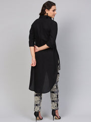 Solid Black High-Low Kurta set with Printed Pants