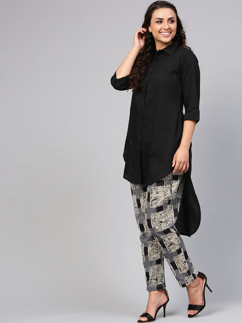 Solid Black High-Low Kurta set with Printed Pants
